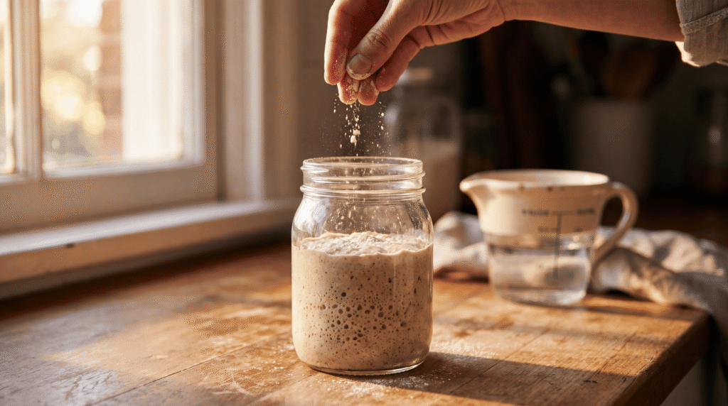 Flour being added to a jar of sourdough starter on a kitchen counter