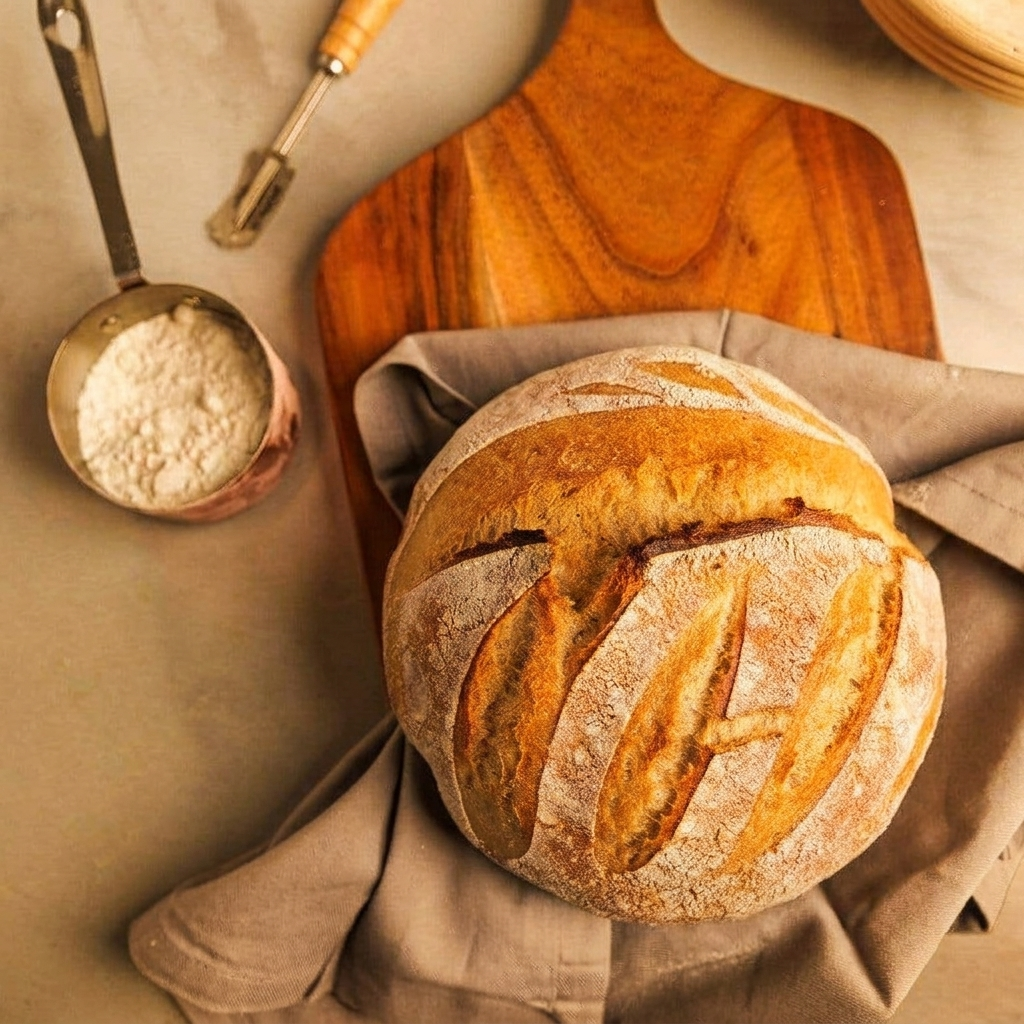 A scored country loaf with a golden crust on a wooden board