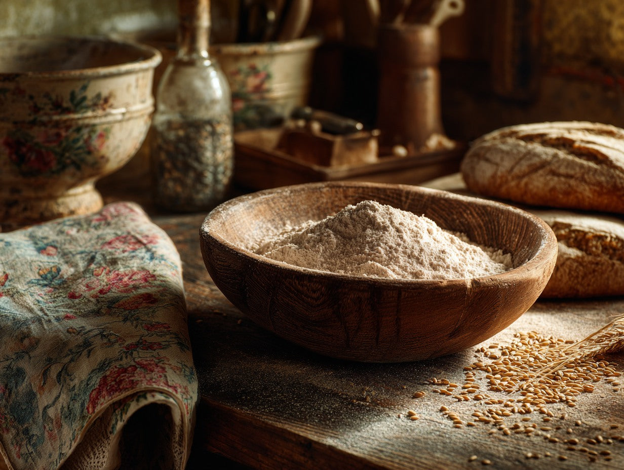 Sourdough starter being fed flour and water with a crumpled dish towel in the background — bread flour sourdough starter guide from Mother's Country Store
