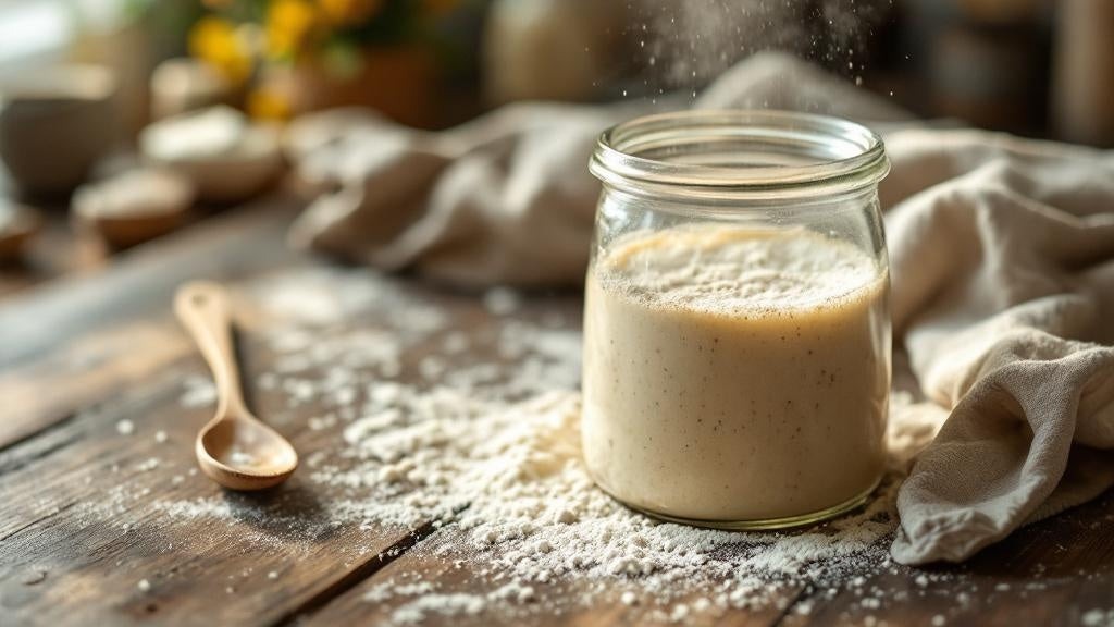 Sourdough starter with hooch layer showing hunger beside a kitchen scale and mixing bowl — container for sourdough starter guide from Mother's Country Store