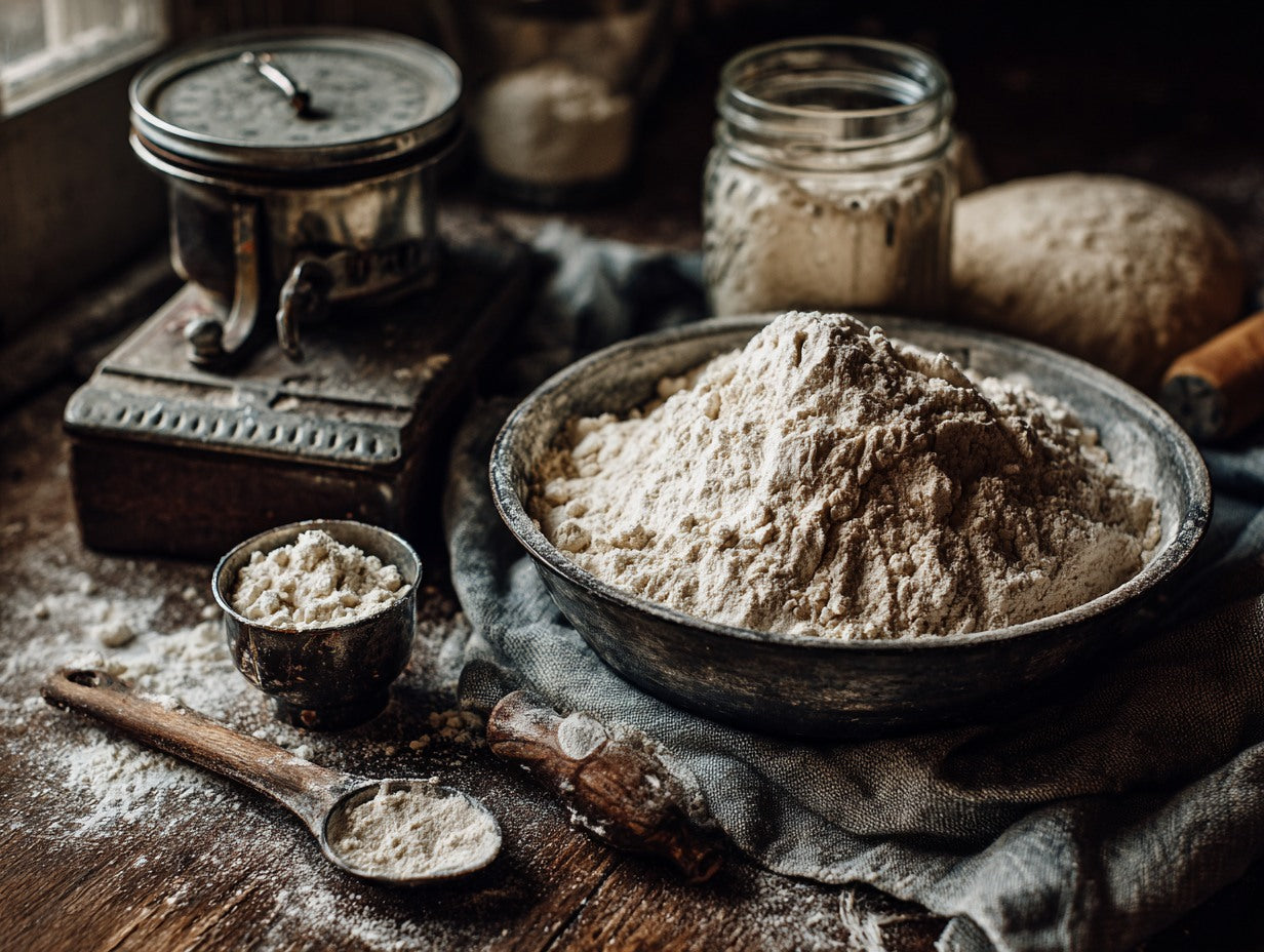 Sourdough starter with a domed top at peak rise next to measuring spoons on a farmhouse table — cups vs grams sourdough scale guide from Mother's Country Store