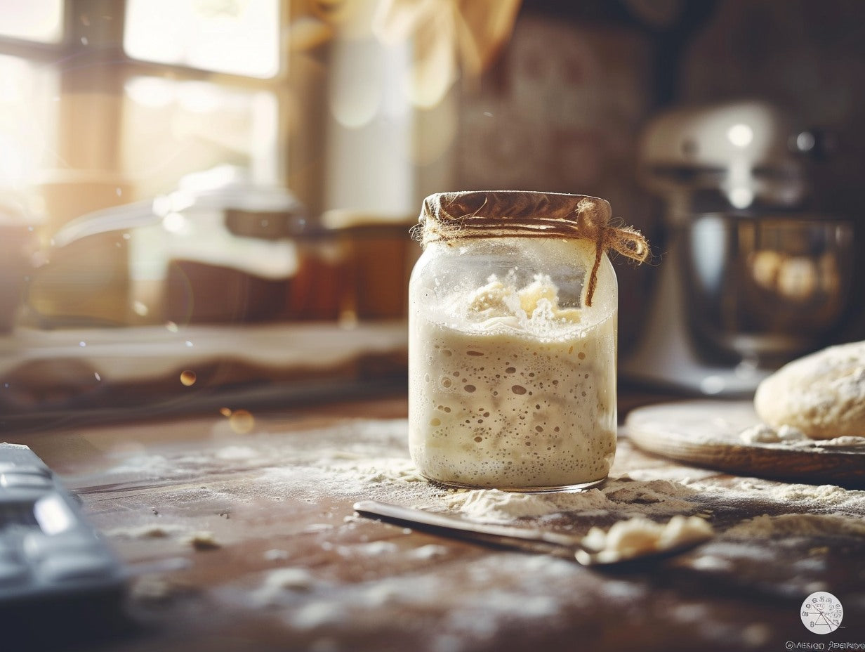 Glass mason jar of active sourdough starter on a weathered oak kitchen counter — day 0 3 sourdough starter activation checklist dehydrated starter guide from Mother's Country Store