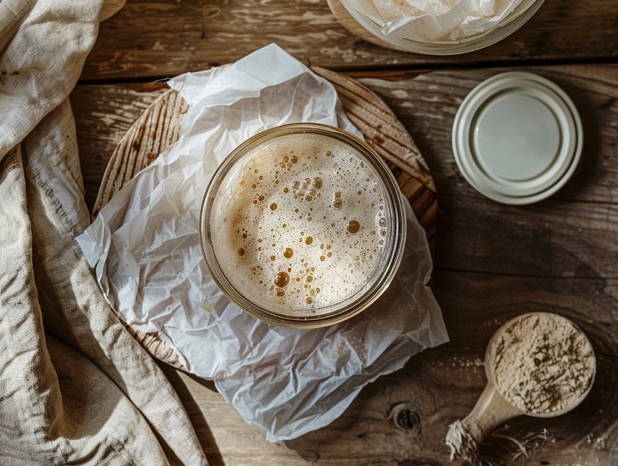 Sourdough starter in a clear glass jar showing visible bubbles beside scattered flour and a wooden spoon — freeze or dehydrate sourdough starter long term storage guide from Mother's Country Store