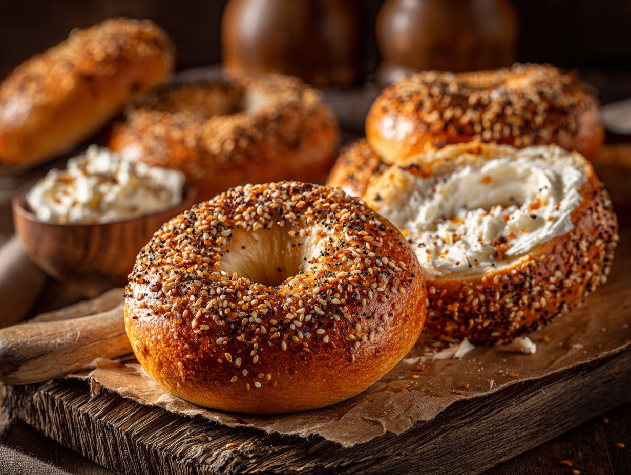 Overhead view of active sourdough starter in a glass container surrounded by baking ingredients — how to make bagels with sourdough starter guide from Mother's Country Store