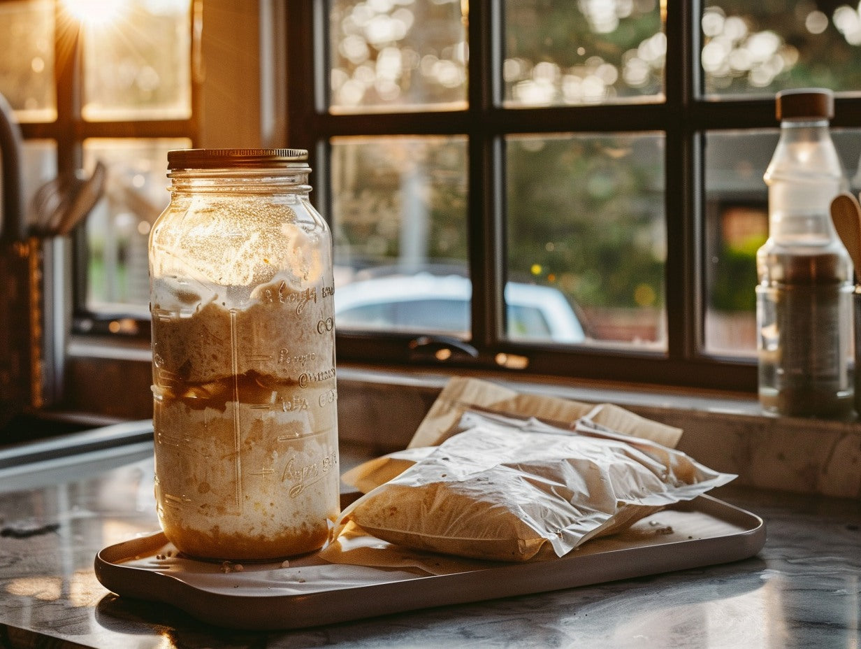 Close-up of bubbling sourdough starter culture with warm natural window light — how to store sourdough discard guide from Mother's Country Store