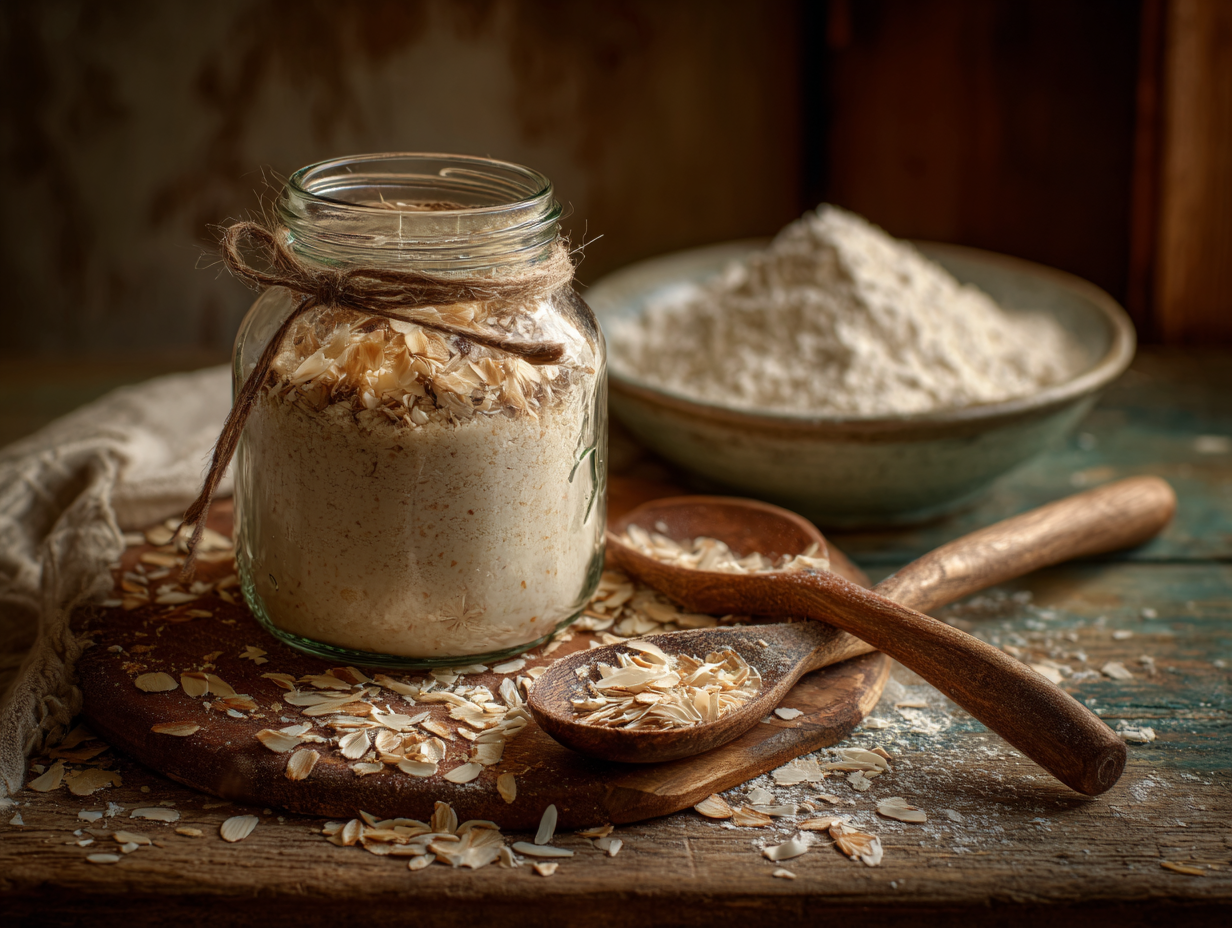 ingredients for reviving a dried sourdough starter.