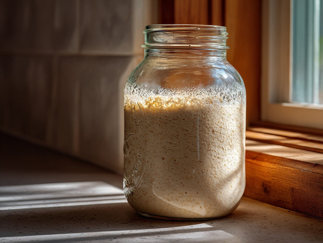 Glass mason jar of active sourdough starter on a weathered oak kitchen counter — is my sourdough starter alive guide from Mother's Country Store