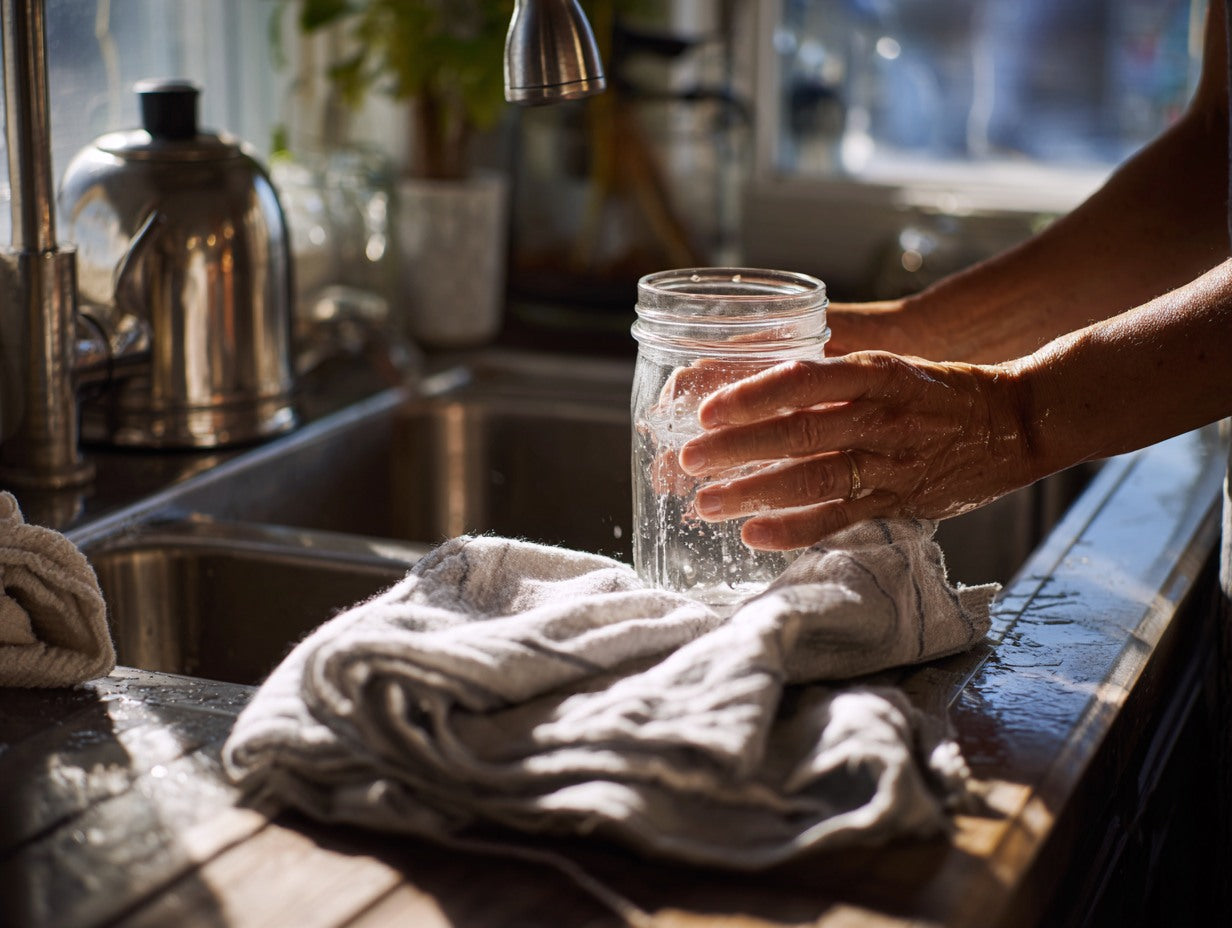 Live sourdough culture showing active wild yeast fermentation on a weathered oak kitchen counter — jar for sourdough starter guide from Mother's Country Store