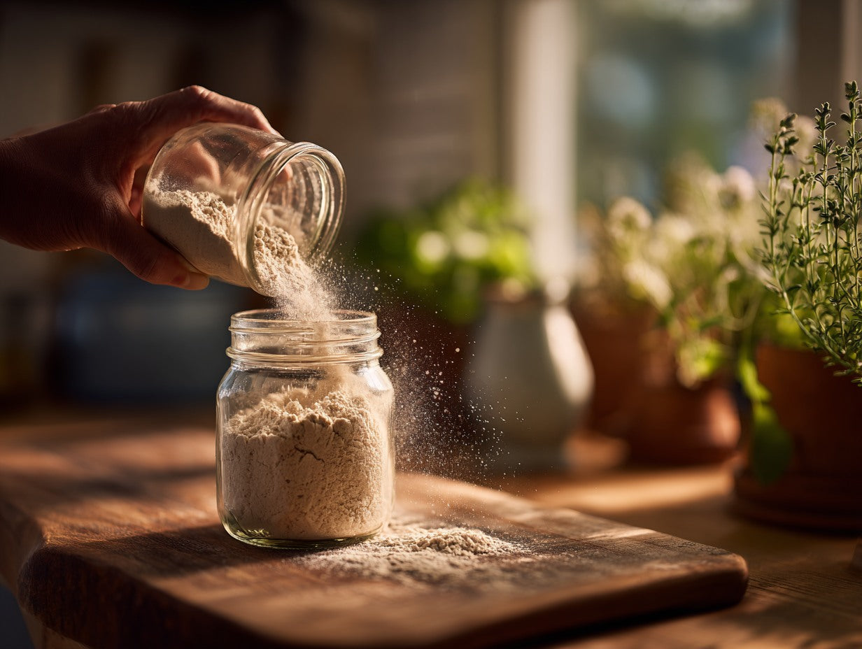 Close-up of bubbling sourdough starter culture with warm natural window light — make your own sourdough starter guide from Mother's Country Store