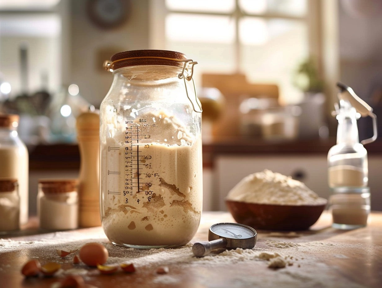Active sourdough starter doubling in a glass jar on a linen-draped wooden surface — peak to peak feeding explained how to time your sourdough starter for maximum strength guide from Mother's Country S