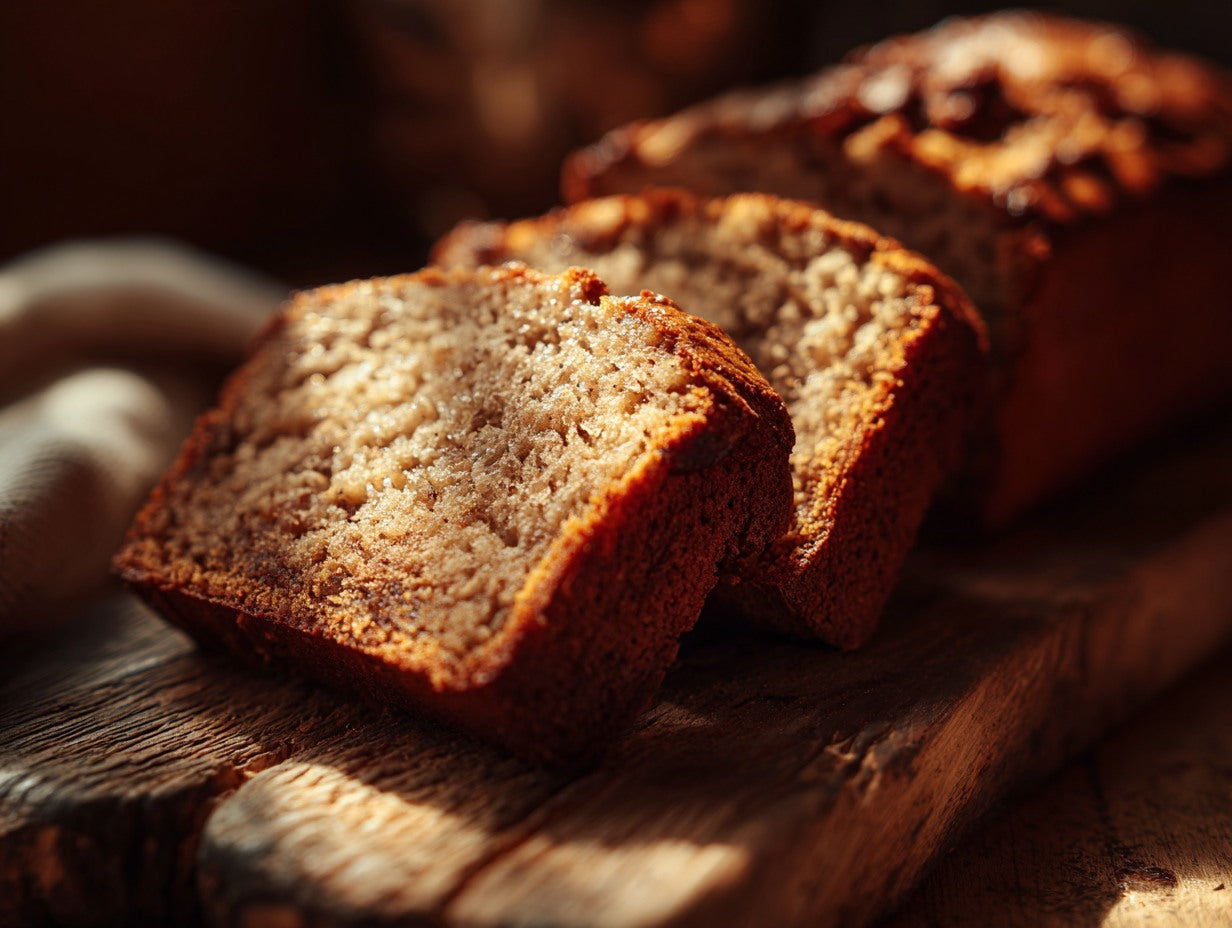 Sourdough starter jar with scattered flour on wooden surface with warm natural window light — sourdough banana bread recipe guide from Mother's Country Store