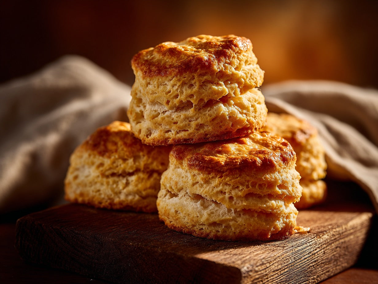 Sourdough starter with a domed top at peak rise next to measuring spoons on a farmhouse table — sourdough biscuits recipe guide from Mother's Country Store
