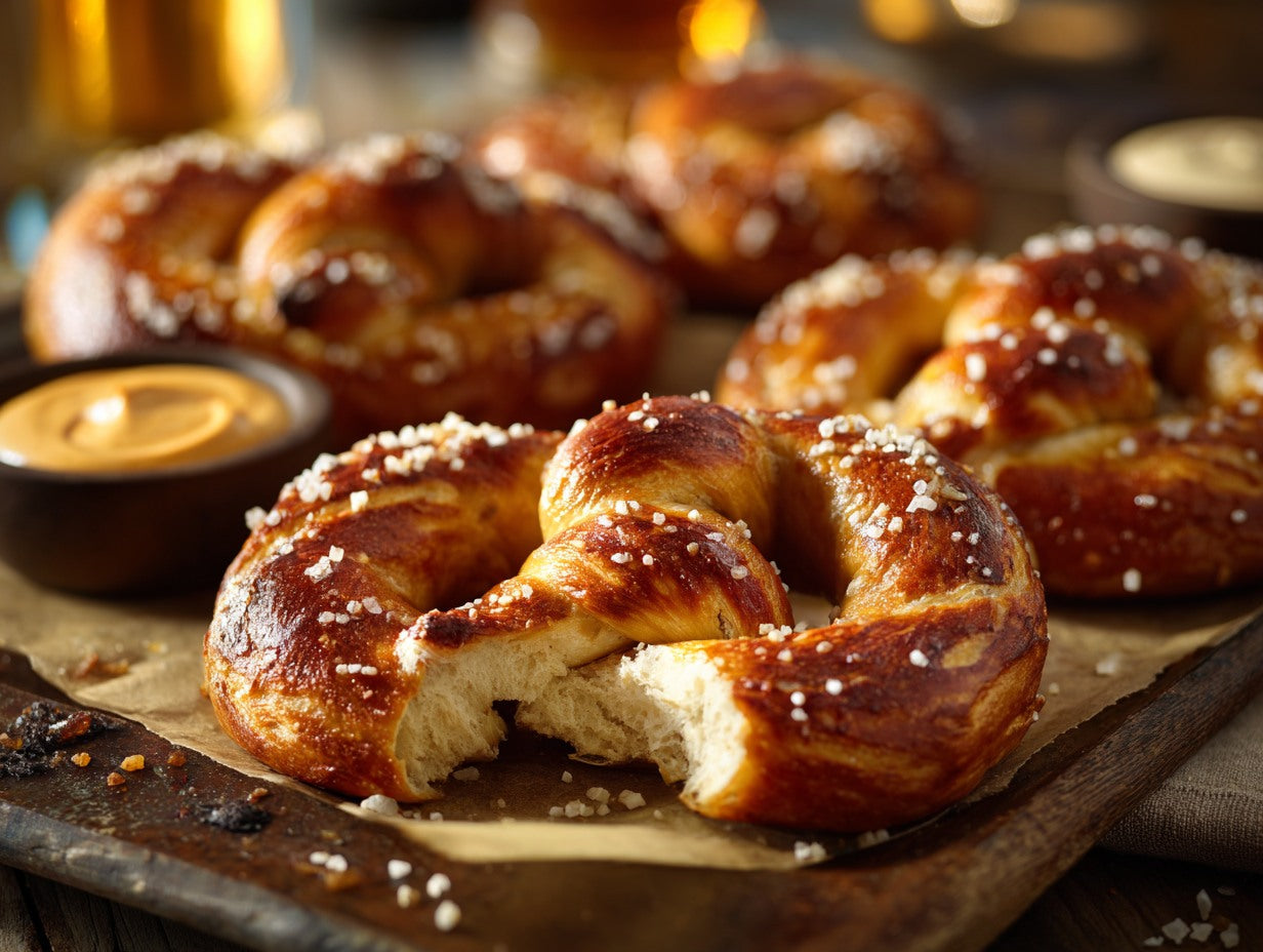 Sourdough starter culture with visible fermentation bubbles on a marble counter with flour dusting — sourdough discard pretzels guide from Mother's Country Store