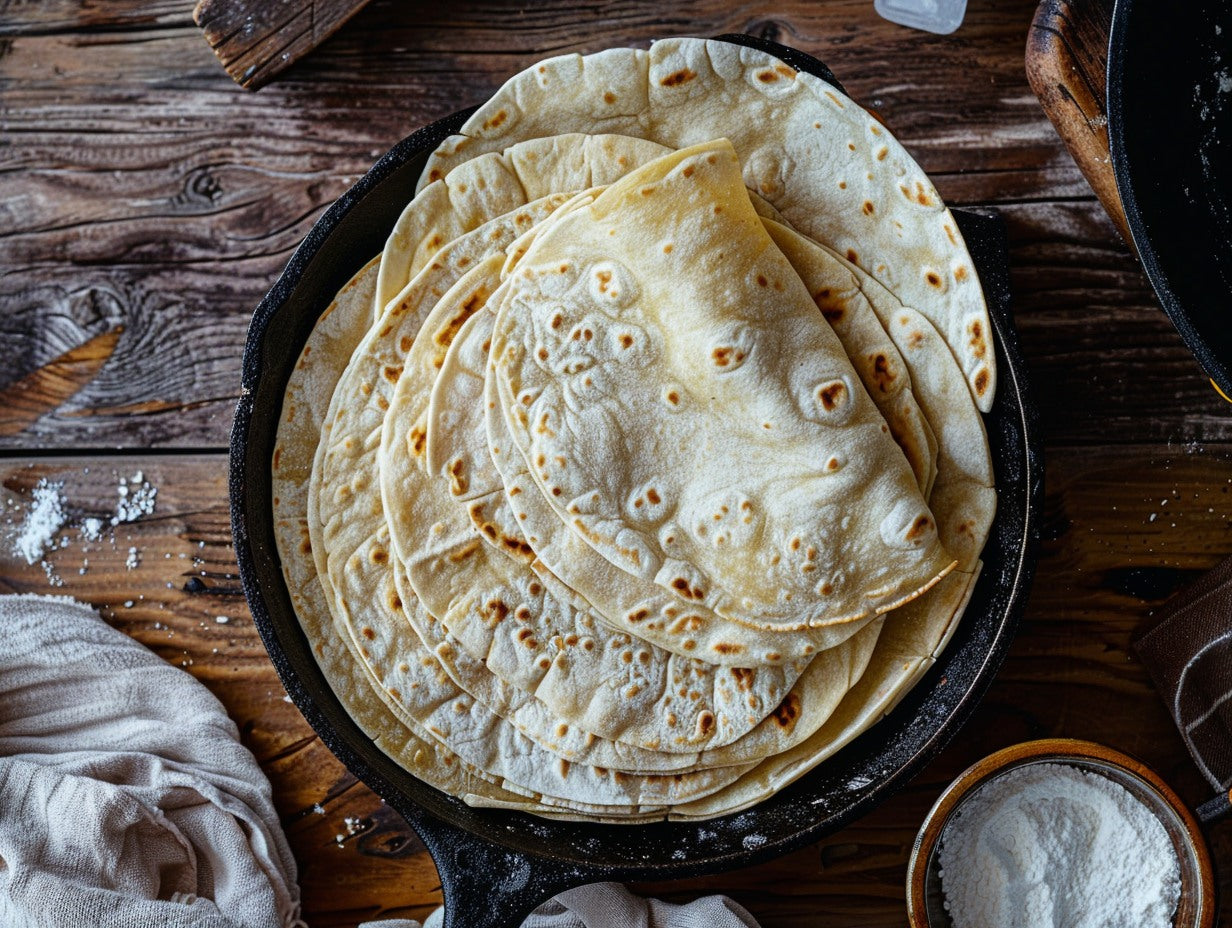 Heritage sourdough starter in a glass jar with rubber band marker beside a kitchen scale and mixing bowl — sourdough discard tortillas guide from Mother's Country Store