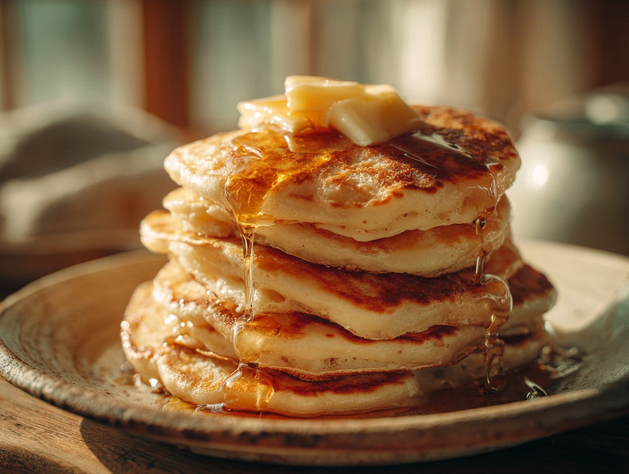 Active sourdough starter doubling in a glass jar on a linen-draped wooden surface — sourdough pancakes recipe guide from Mother's Country Store
