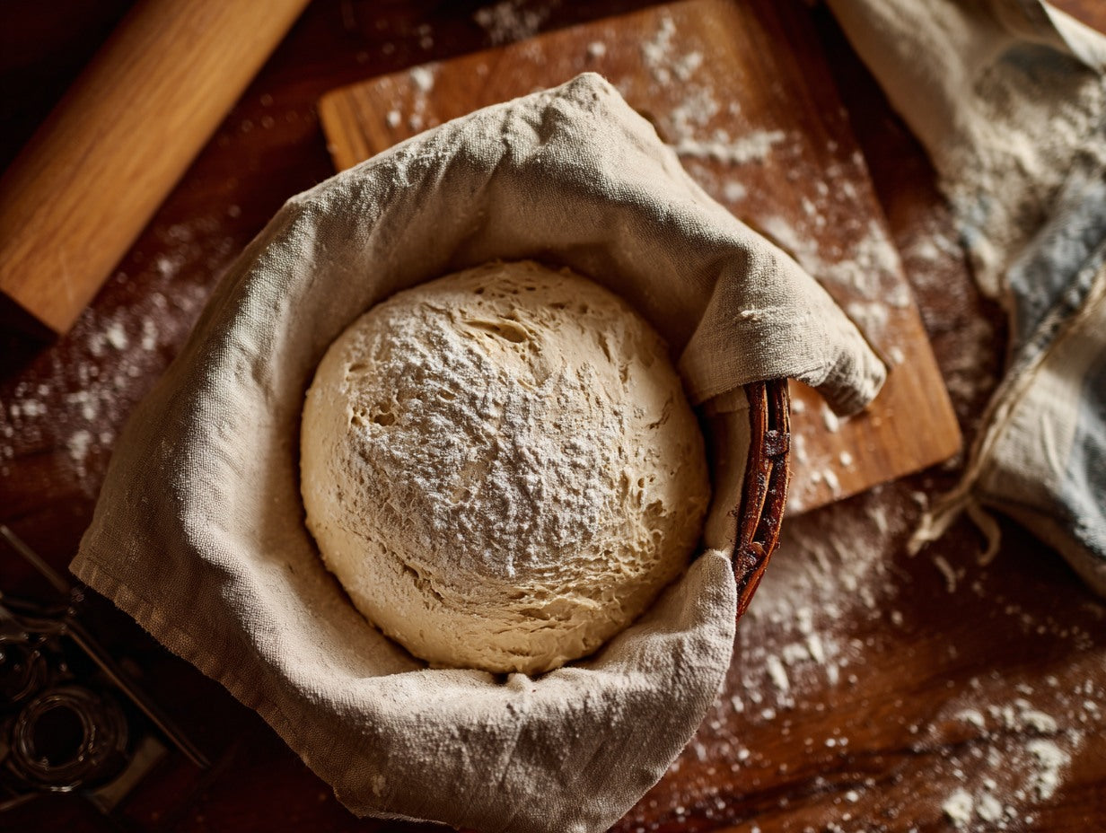 Close-up of sourdough starter texture showing gluten strands beside scattered flour and a wooden spoon — sourdough starter bread recipe southern style guide from Mother's Country Store