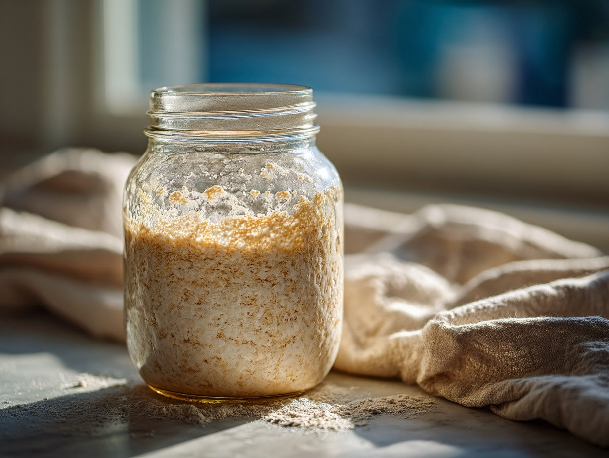 Sourdough starter being fed flour and water with a crumpled dish towel in the background — sourdough starter consistency the key to a bubbly happy start guide from Mother's Country Store