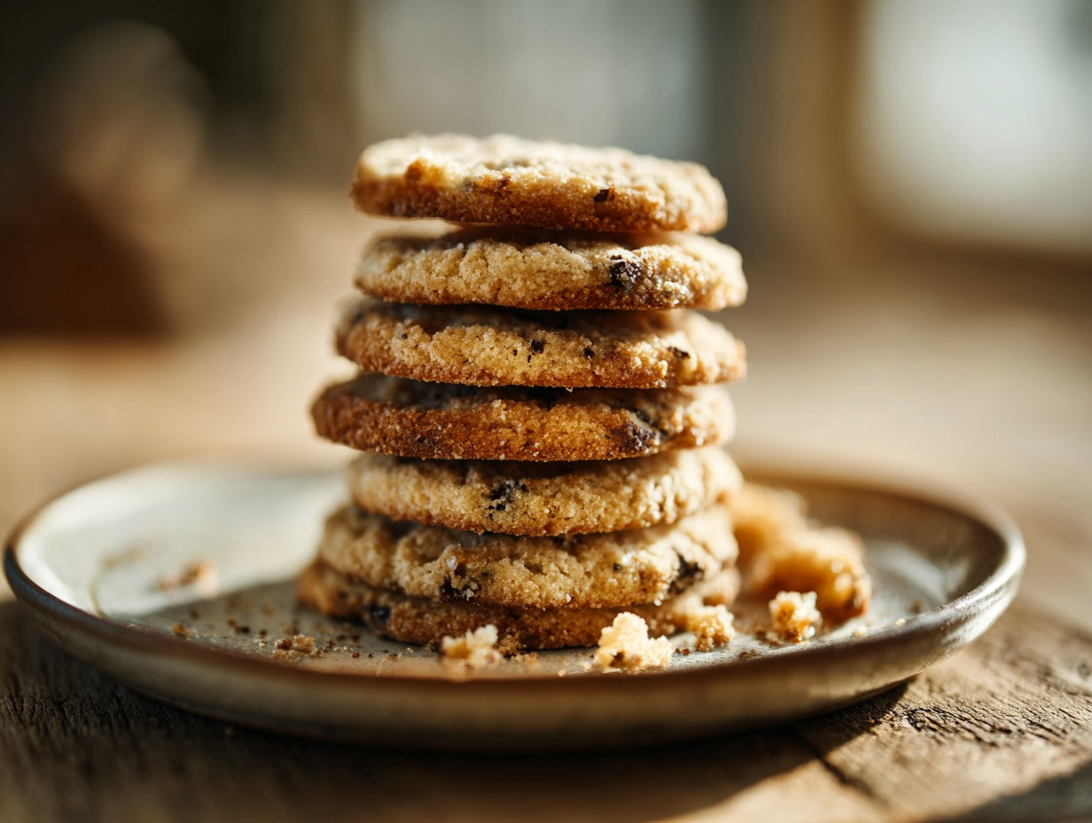 Glass jar of sourdough starter on a rustic kitchen counter next to measuring spoons on a farmhouse table — sourdough starter cookies recipe guide from Mother's Country Store