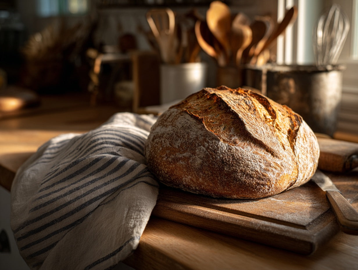 Bubbly sourdough starter culture on a kitchen counter in a warm Southern kitchen setting — sourdough starter einkorn flour guide guide from Mother's Country Store