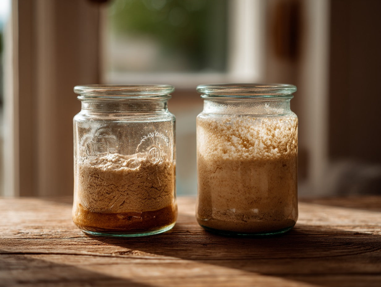 Wild yeast sourdough culture in a mason jar with a crumpled dish towel in the background — sourdough starter for beginners guide from Mother's Country Store