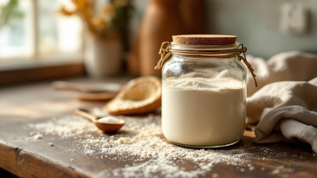 Sourdough starter being fed flour and water with a crumpled dish towel in the background — sourdough starter jar kit guide from Mother's Country Store