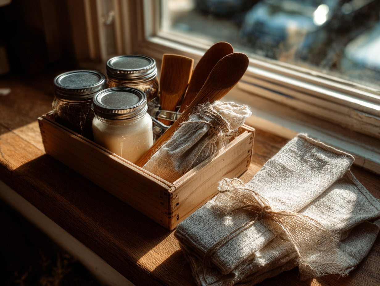 Active sourdough starter in morning window light on a linen-draped wooden surface — sourdough starter kit gift bread lovers guide from Mother's Country Store