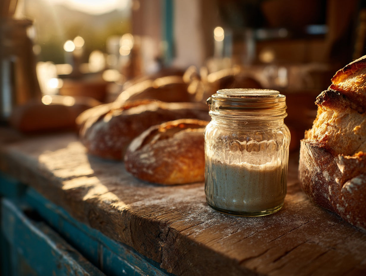 Active sourdough starter doubling in a glass jar on a linen-draped wooden surface — sourdough starter machine fermentation guide from Mother's Country Store