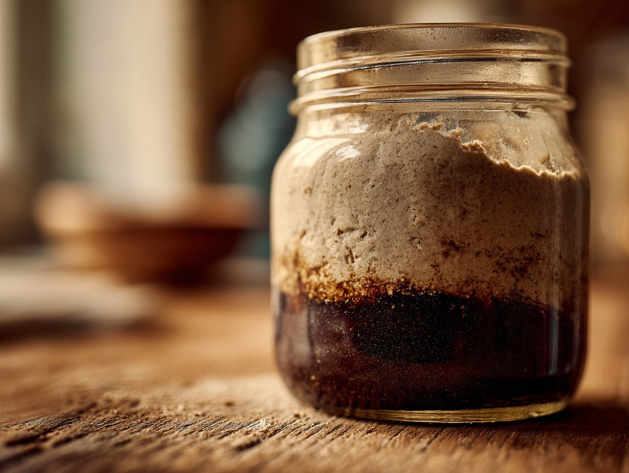 Wild yeast sourdough culture in a mason jar with a crumpled dish towel in the background — sourdough starter mold prevention guide from Mother's Country Store