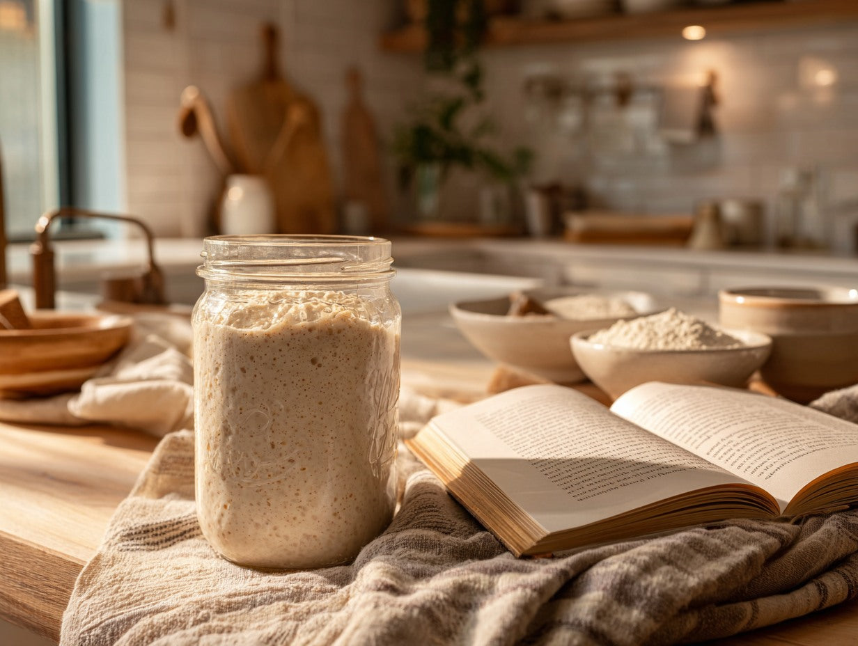 Glass jar of sourdough starter on a rustic kitchen counter next to measuring spoons on a farmhouse table — sourdough starter not rising fix guide from Mother's Country Store