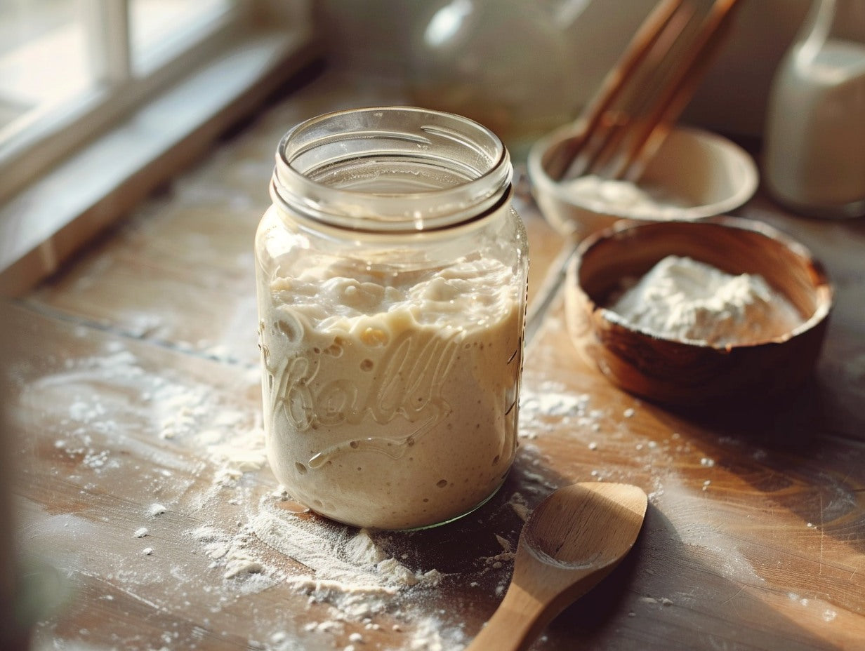 Artisan sourdough starter in a hand-thrown ceramic crock surrounded by baking ingredients — sourdough starter smells like acetone guide from Mother's Country Store