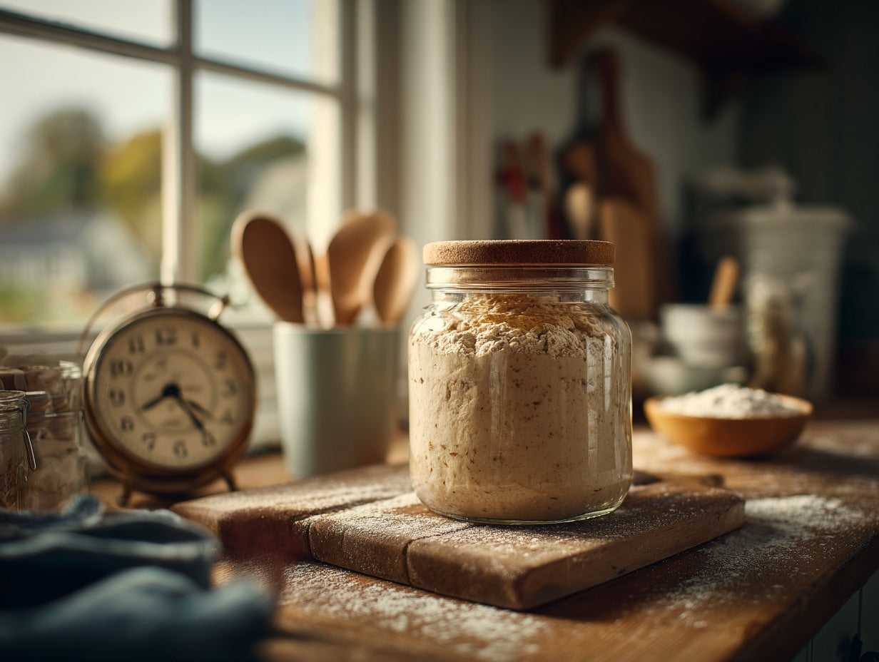 Live sourdough culture showing active wild yeast fermentation on a weathered oak kitchen counter — sourdough starter temperature control guide from Mother's Country Store