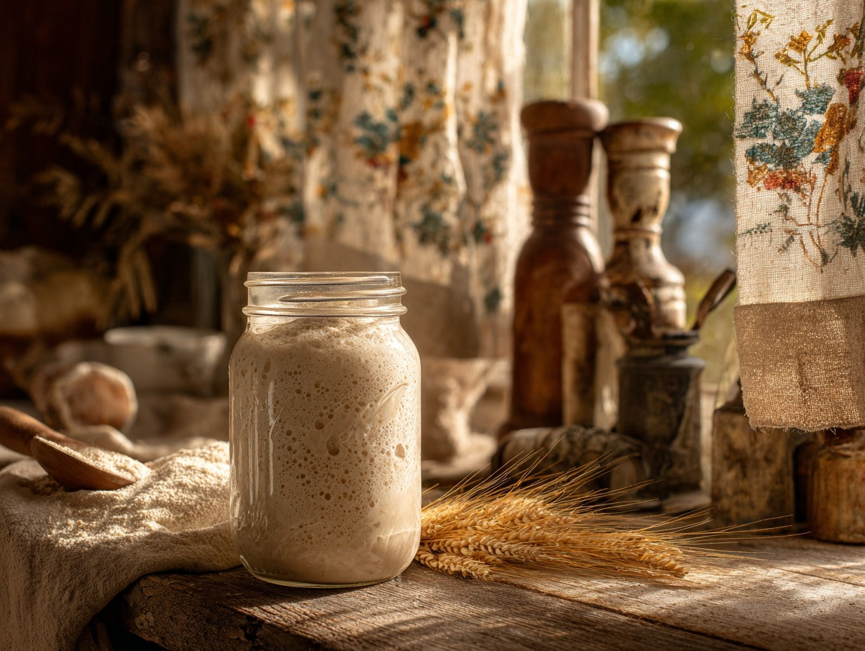 Sourdough starter culture with visible fermentation bubbles on a marble counter with flour dusting — sourdough starter with yeast guide from Mother's Country Store