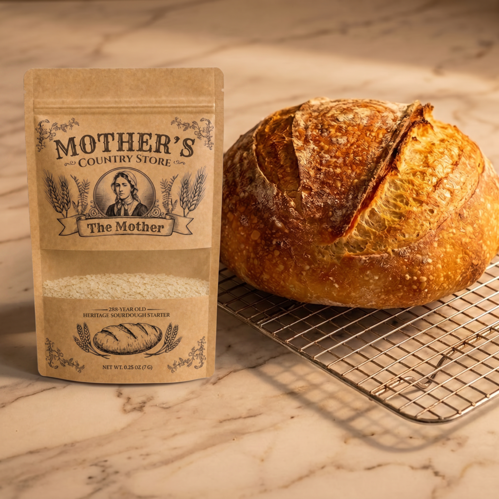 A packet of heritage sourdough starter with a baked loaf on a cooling rack