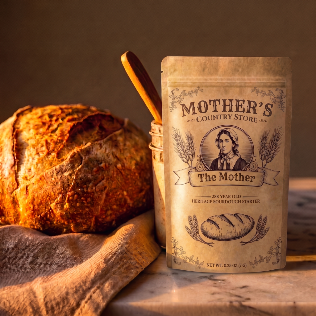 A sealed packet of The Mother heritage sourdough starter beside a fresh loaf