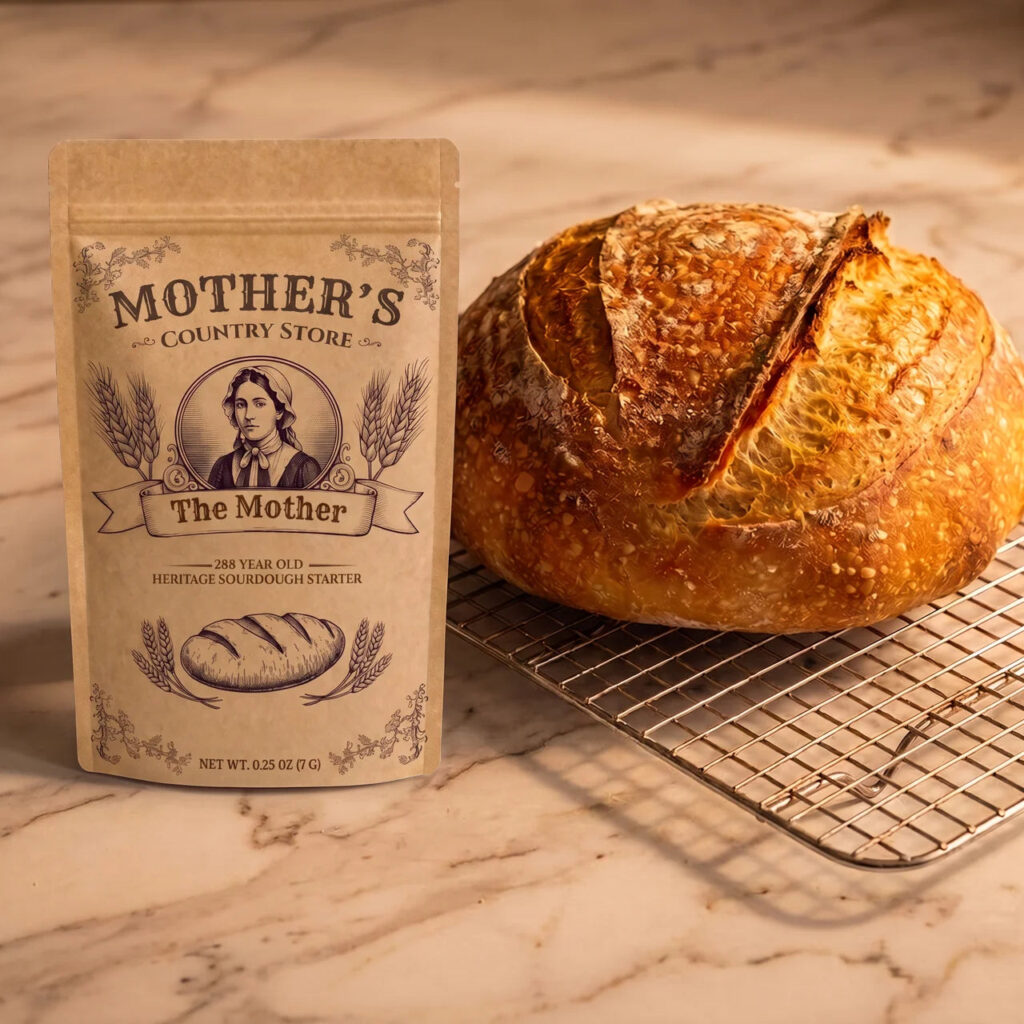 A packet of The Mother sourdough starter on a kitchen table beside a loaf