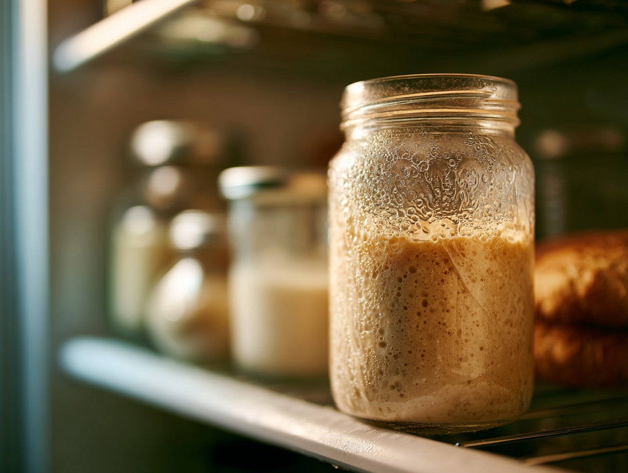 Close-up of bubbling sourdough starter culture with warm natural window light — store sourdough starter fridge guide from Mother's Country Store