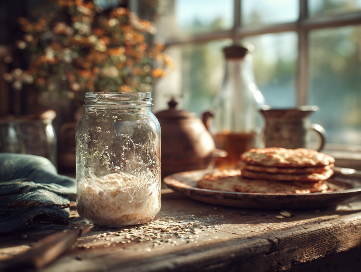 Sourdough starter jar with scattered flour on wooden surface with warm natural window light — what is sourdough discard guide from Mother's Country Store