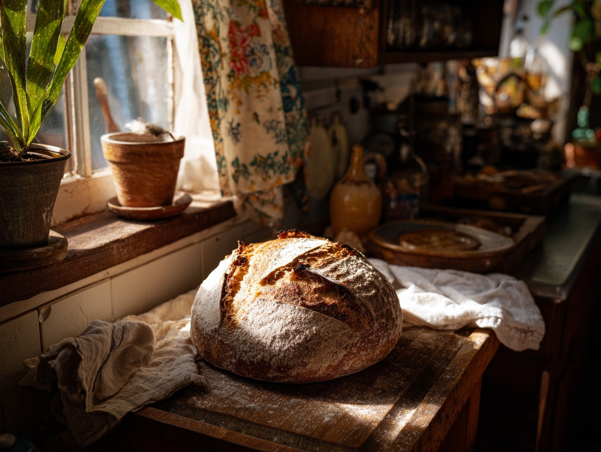 Overhead view of active sourdough starter in a glass container surrounded by baking ingredients — whole wheat sourdough starter recipe guide from Mother's Country Store