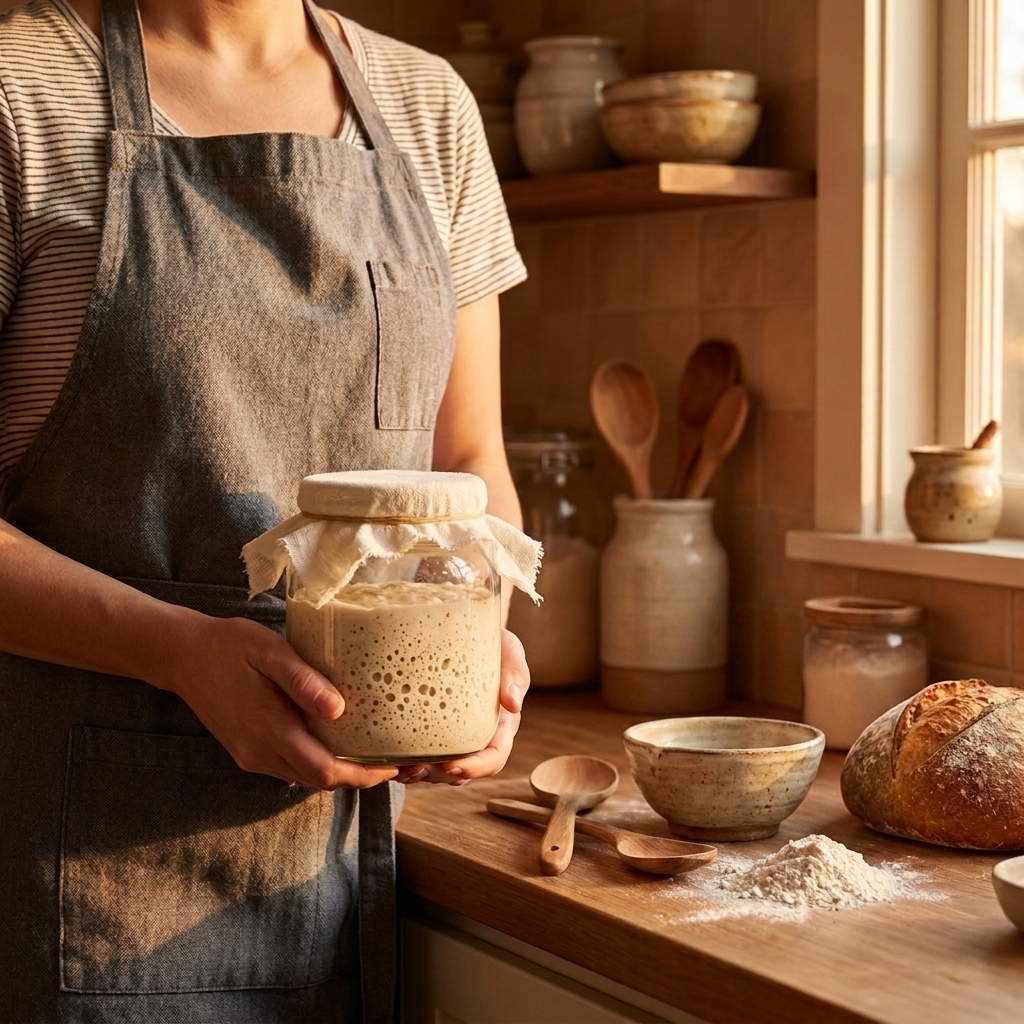 A baker holding a jar of active sourdough starter
